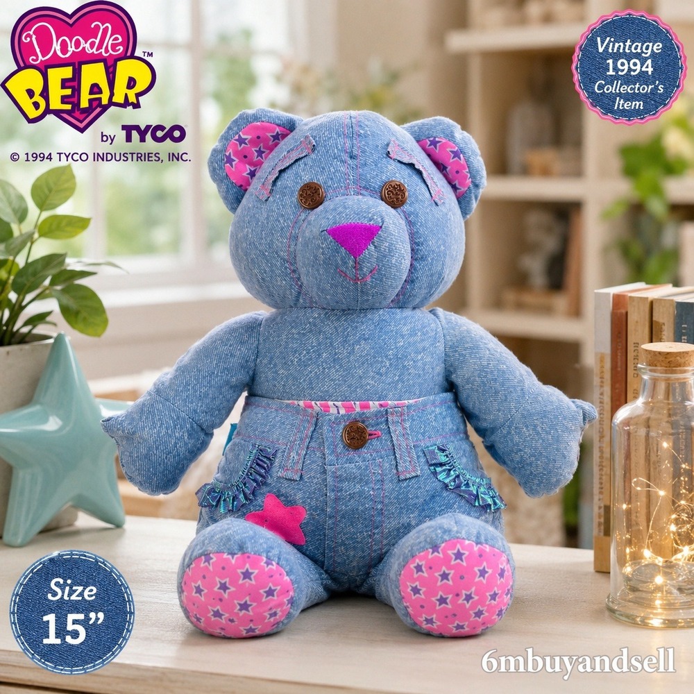 Vintage 1994 Tyco Doodle Bear Blue Denim Plush Stuffed Animal Pink Star 15 Inch